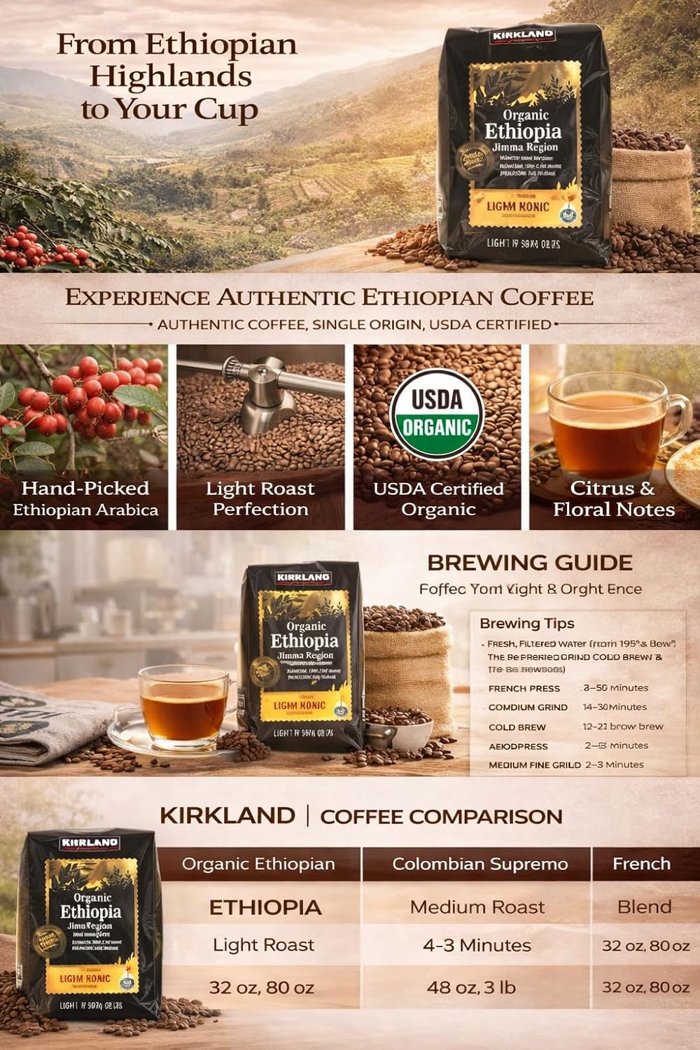 Kirkland Signature Organic Ethiopia Whole Bean Coffee, Light Roast (32 Ounce)