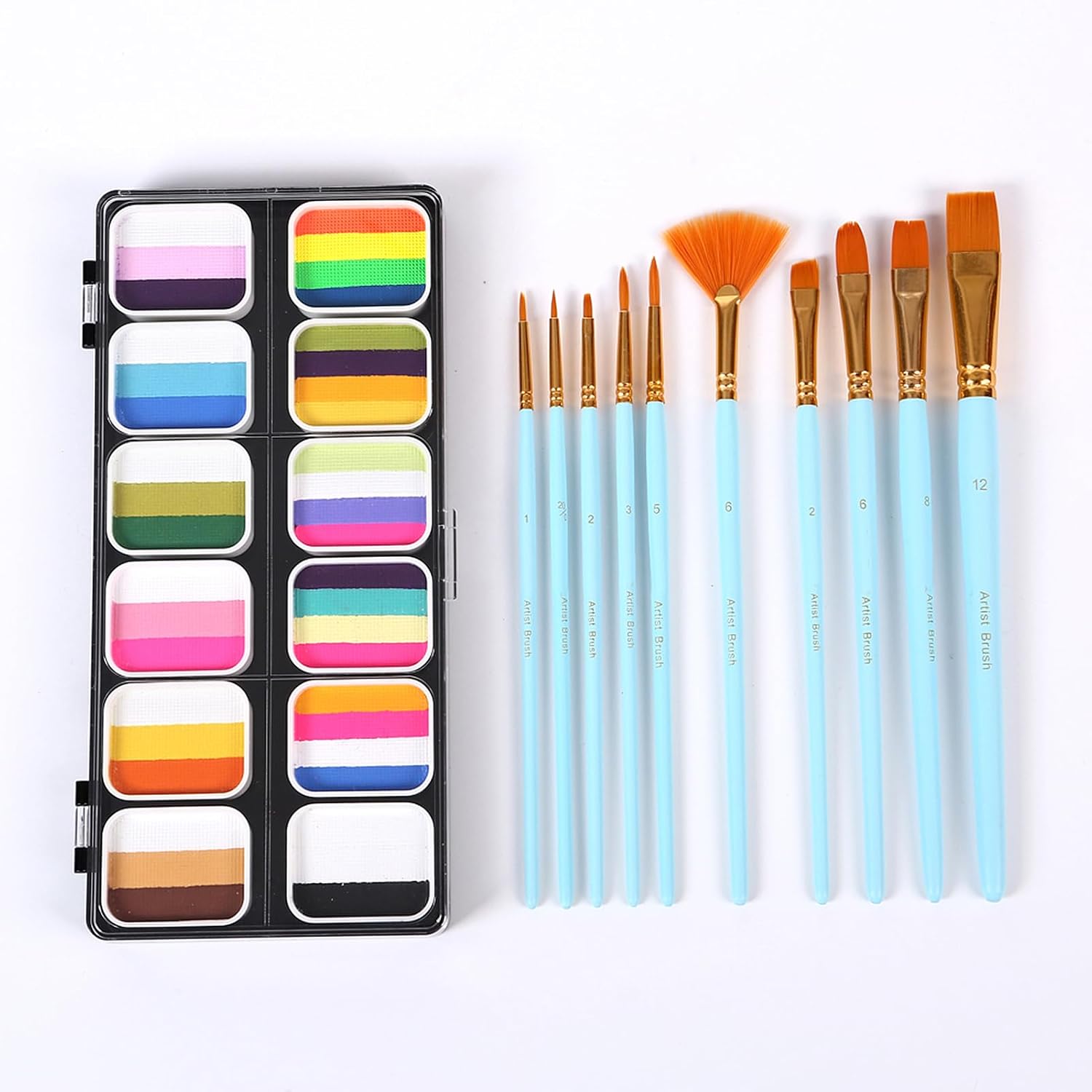 Watercolor Paint Palette Set Professional Face Split Cakes with Paintbrushes Stencils & Stickers Secure Water Activated Face Body Painting Makeup Hypoallergenic (F-2)