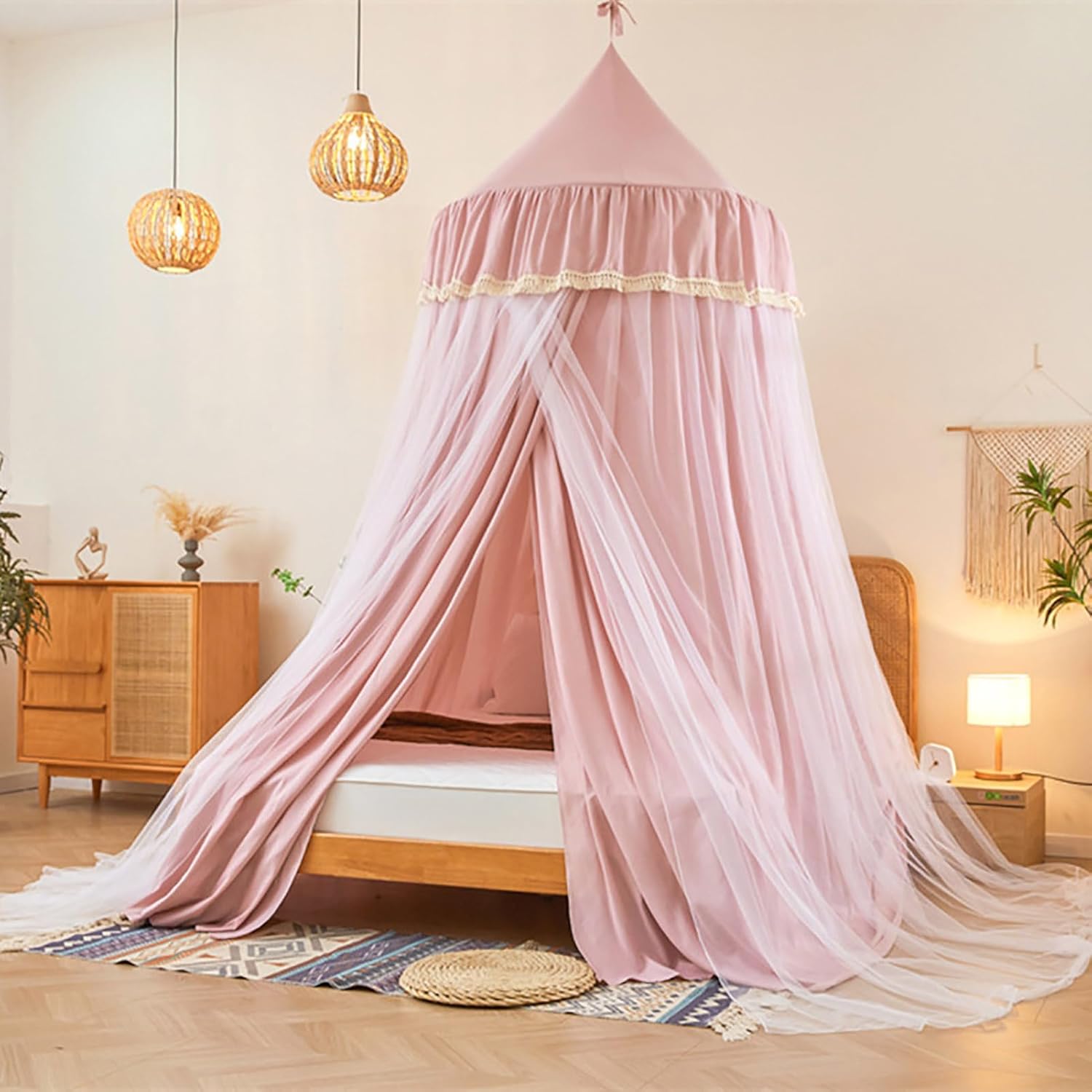 BK&MF Princess Dome Bed Canopy for Girls' Rooms, Double-Layer Sheer Mosquito Net, Blackout Bed Curtain for Beds 39–87 Inches Wide, Ceiling Mount for Bedroom Decoration,Pink 1