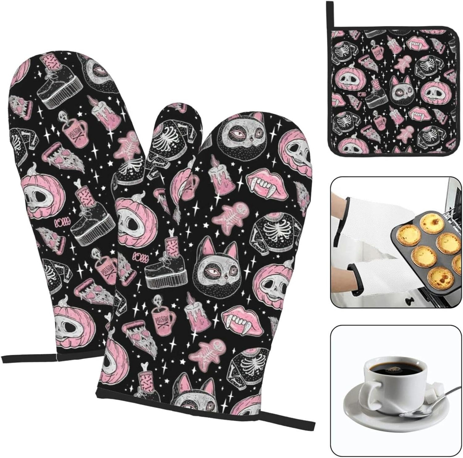 Halloween Pumpkin Cat Print Heat Resistant Microwave Gloves, Used for Baking, Cooking, and Fashion Kitchen Essentials