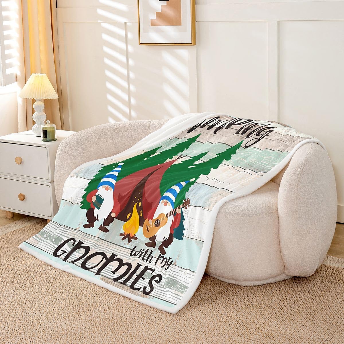 Camper Fleece Throw Blanket Kids Cute Gnome Happy Camping Sherpa Throw Blanket for Bed Sofa Couch Girls Cartoon Gnomies Farmhouse Fuzzy Blanket Soft and Cozy Plush Blanket Rustic Decor Throw 50"x60"