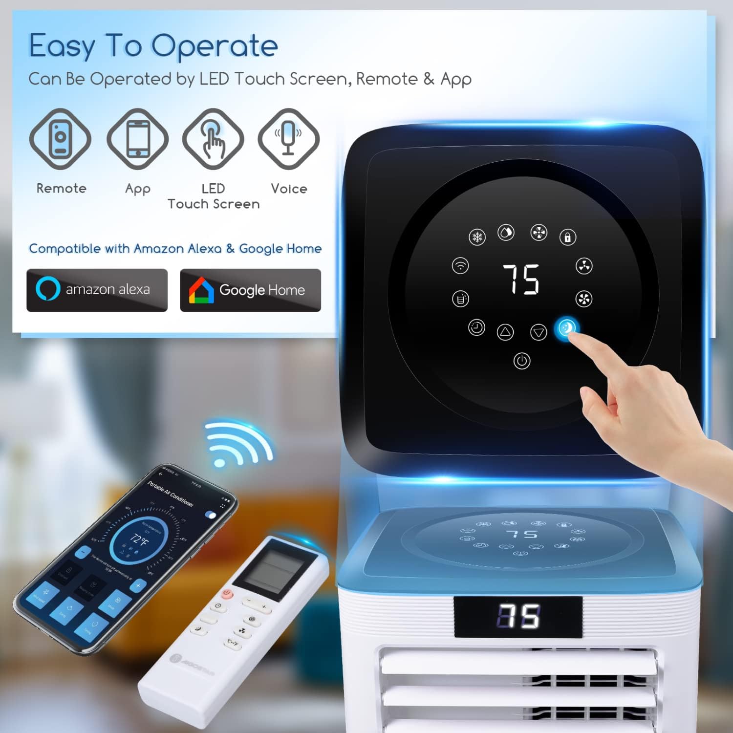 Close-up of the Aigostar portable AC unit's LED touch screen, remote control, and a smartphone displaying the AigoSmart app.