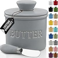 Vista 34 de PriorityChef - Mantequera con tapa con línea de agua, plato de mantequilla francesa de cerámica para dejar en la encimera, color caqui
