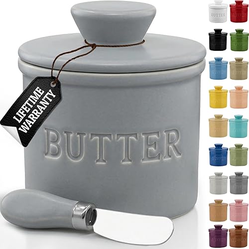 Miniatura 34 de Priority Chef Recipiente para Mantequilla con Tapa y Línea de Agua, Plato Francés de Cerámica para Mantequilla para Dejar en la Encimera, Gris Claro