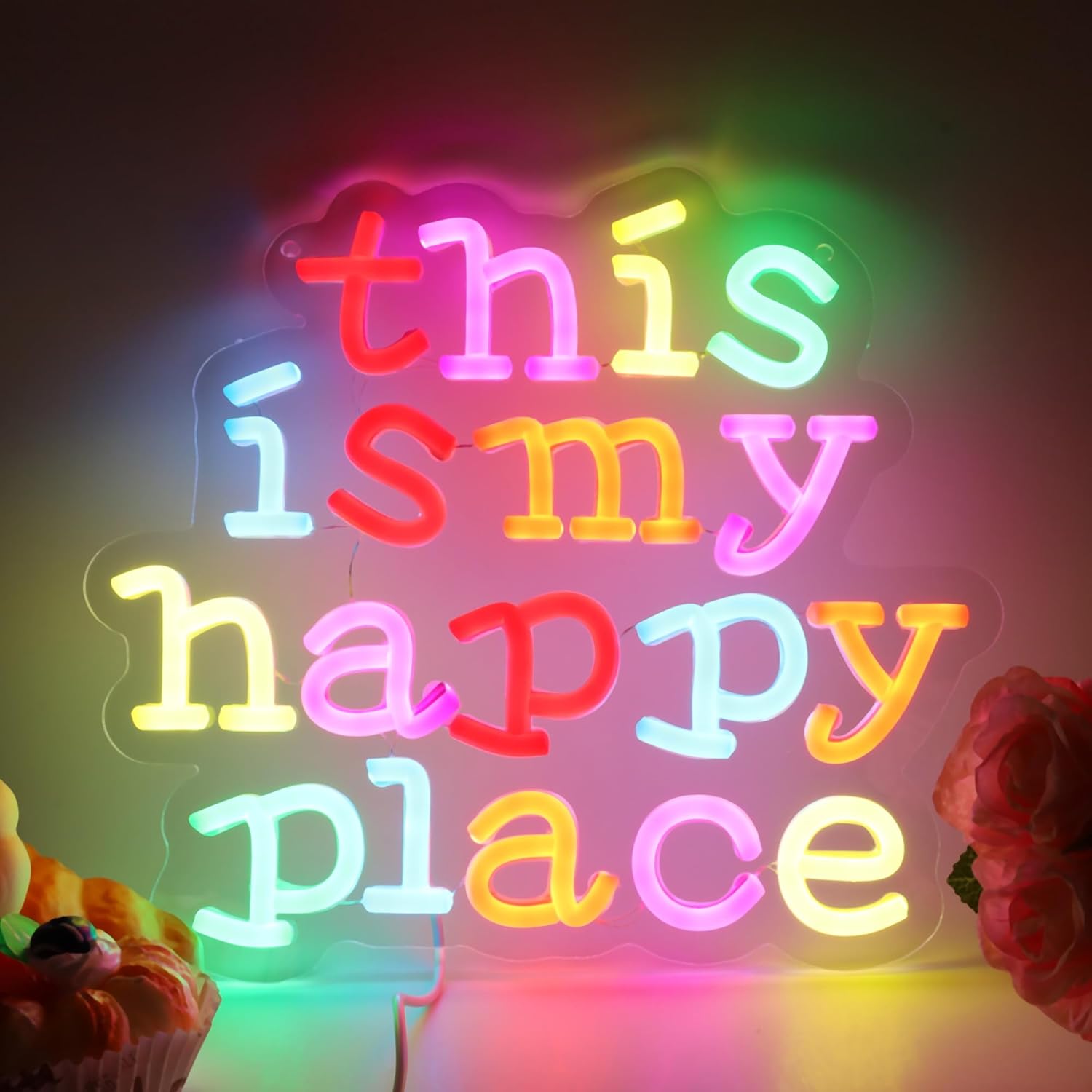 This is My Happy Place Neon Sign USB Powered for Classroom Wall Decor, Neon Sign Dimmable LED Neon Light Sign for Bedroom Home Gallery Retro Positive Motivation Rainbow Home Hall Decor
