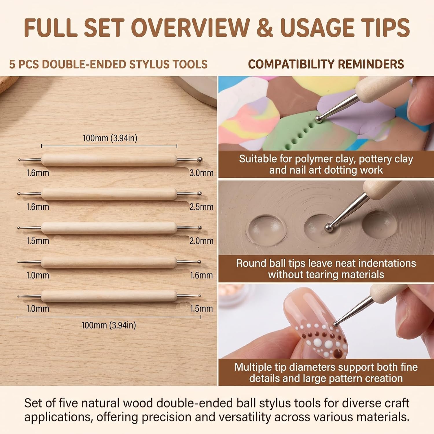 Eperlorit 5 Pack Wooden 3.94 Inch Double End Multi-Size Metal Dotting Tools
