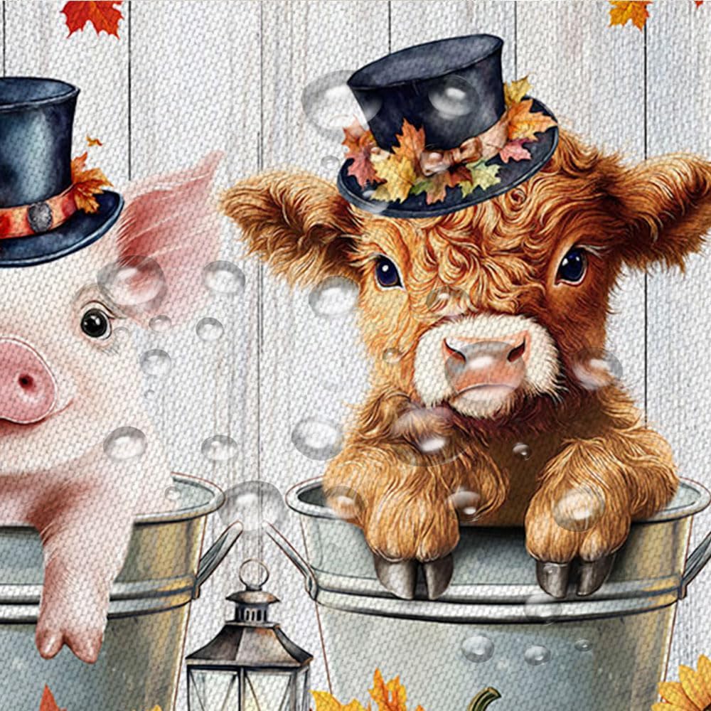 Fall Highland Cow Shower Curtain Autumn Thanksgiving Pumpkin Maple Leaves Rustic Farmhouse Calf Pig Polyester Curtains Bathroom Decor with Hooks 70" Wx84 H