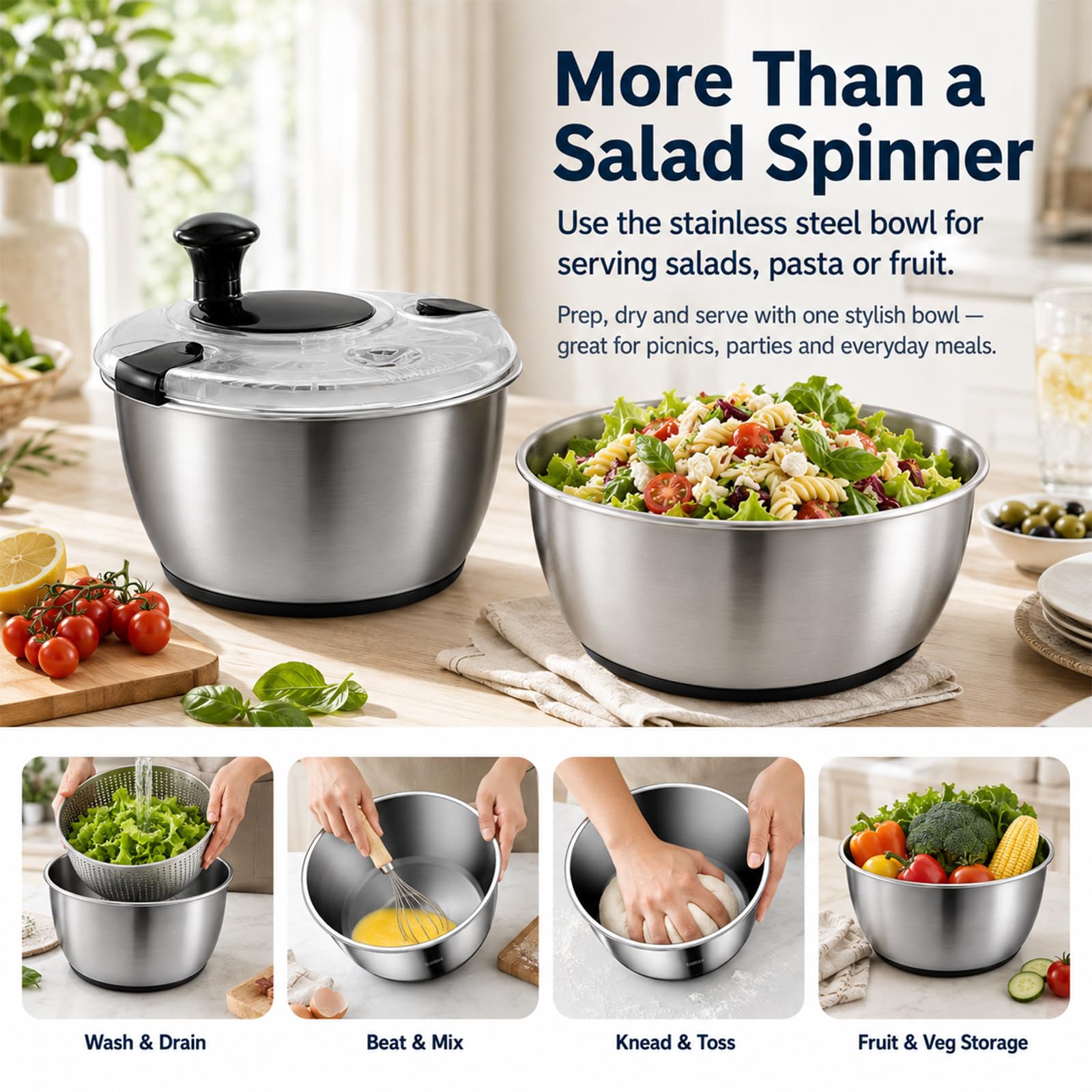 Centrifuga per insalata in acciaio inox, 5 l, con coperchio e beccuccio, antiscivolo, per insalata, verdure, frutta, lavabile in lavastoviglie, senza BPA, azionamento a manovella