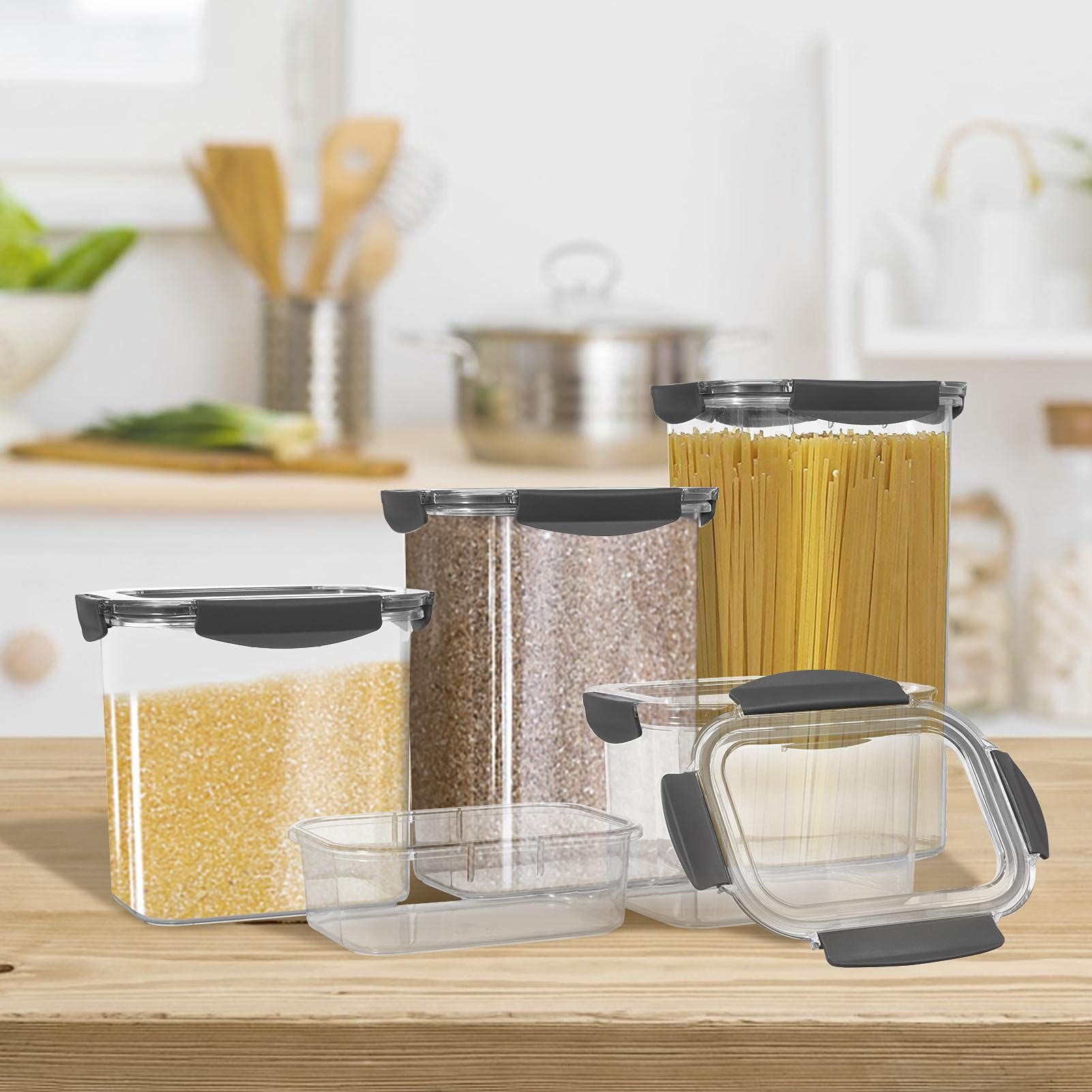 Botes Cocina Almacenaje Plastico, Juego De 5 Botes De | Almacenamiento Cocina con Tapa, Sin BPA Contenedores Herméticos 0,98/1,9/3/4/5 L
