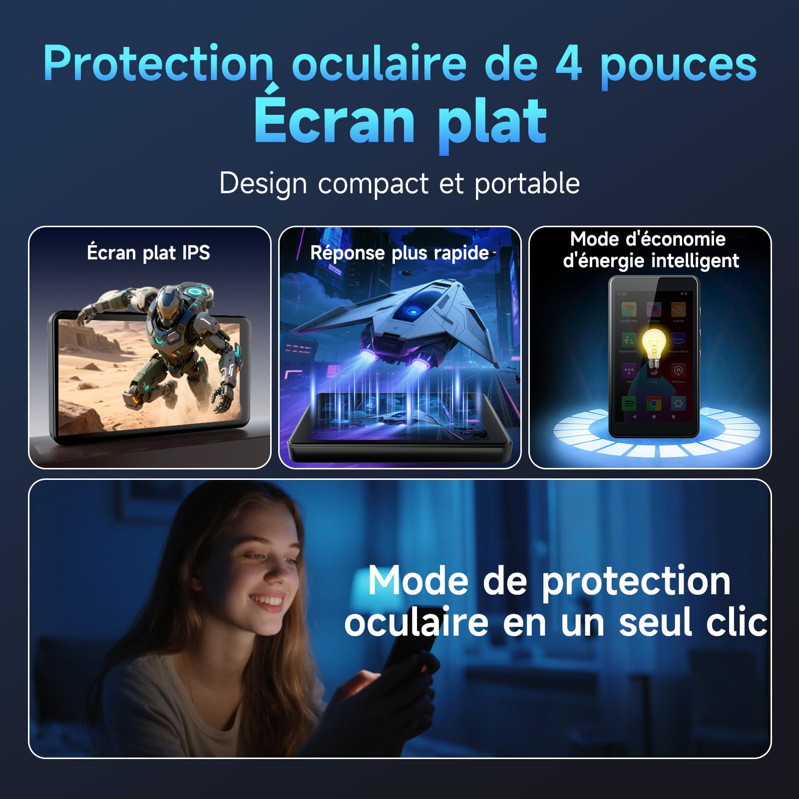 Lecteur MP3 Android 14 avec Spotify, Play Store, Amazon Music, Audible, Libby, Lecteur MP4 à écran Tactile 4 Pouces pour Enfants avec contrôle Parental, Mode Eye-Care (Noir Brillant)