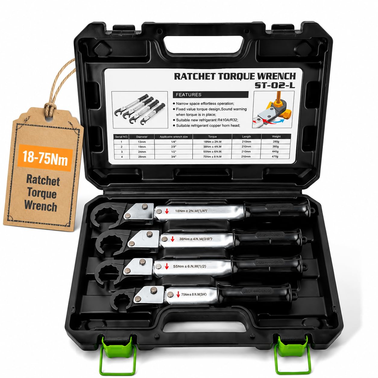 Kit de llave dinamométrica de trinquete, llave de boca de campana con tapa de cobre ajustable de 18-75 Nm para aire acondicionado de refrigeración HVAC de tubo de cobre de 1/4", 3/8", 1/2", 5/8"