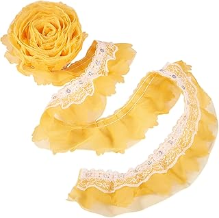 Beadthoven 2.19 Yards Chinlon Lace Trim Pleated Fabric Ruffle 2-Layer Fabric Embroidered Sewing Lace Golden Organza Lace Edge Ribbon for Sewing Craft Dress Pillow Wedding Decor