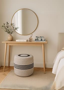 NatureLine Jüt PUF Salon Pufu Antre Puf Makyaj Masası ve Yatak Odası Banyo Puf Teras Veranda ve Balkon Uyumlu Hasır Dekoratif Dayanıklı ve Çok Amaçlı Puff (GRİ-ANTRASİT ŞERİT)