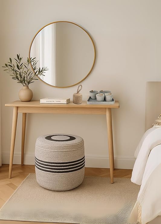 NatureLine Jüt PUF Salon Pufu Antre Puf Makyaj Masası ve Yatak Odası Banyo Puf Teras Veranda ve Balkon Uyumlu Hasır Dekoratif Dayanıklı ve Çok Amaçlı Puff (GRİ-ANTRASİT ŞERİT)