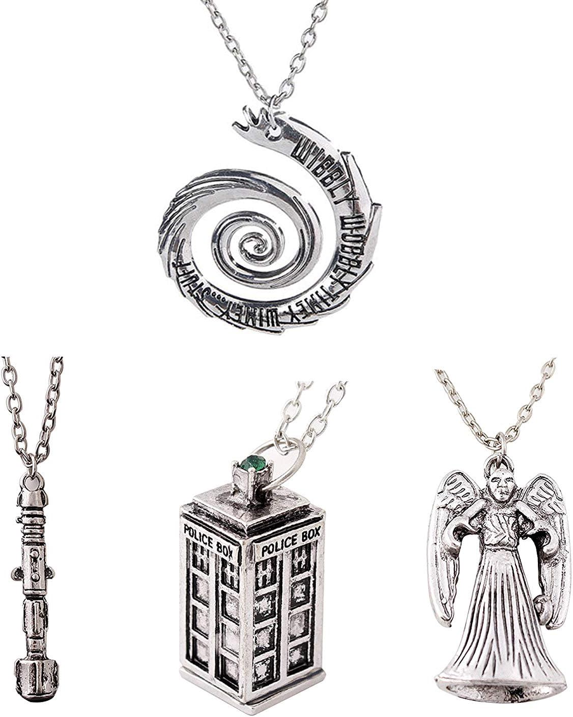Luomi Doctor Who 4 Pack Different Necklace Wibbly Wobbly Timey Wimey 11th Doctor Sonic Screwdriver Pewter Finish Inspired 3D Police Box