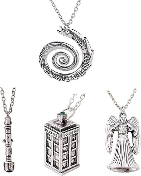 Luomi Doctor Who 4 Pack Different Necklace Wibbly Wobbly Timey Wimey 11th Doctor Sonic Screwdriver Pewter Finish Inspired 3D Police Box