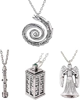 Doctor Who 4 Pack Different Necklace Wibbly Wobbly Timey Wimey 11th Doctor Sonic Screwdriver Pewter Finish Inspired 3D Police Box