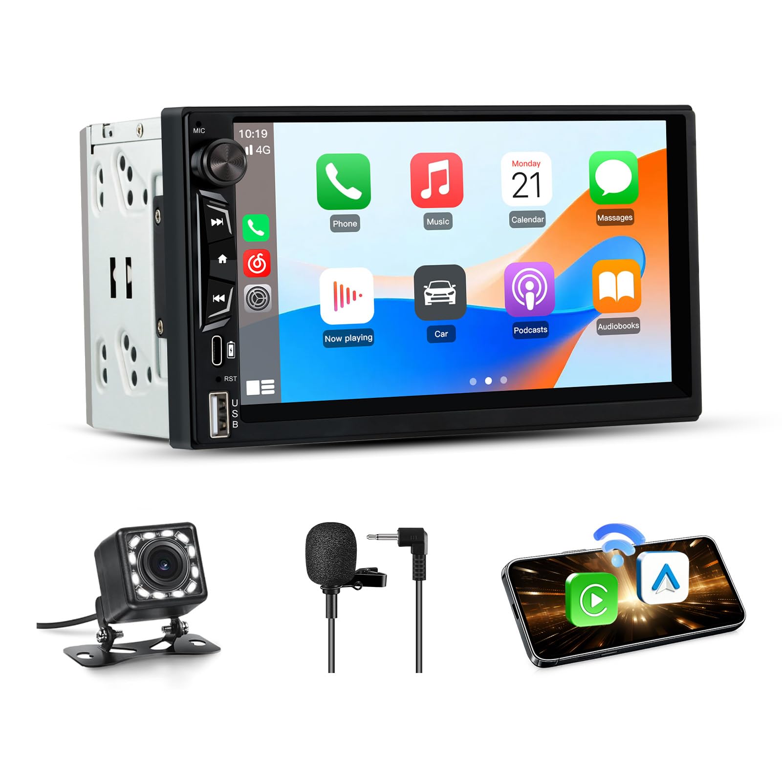 Junsun Autoradio 2 DIN con Schermo Wireless CarPlay & Android Auto
