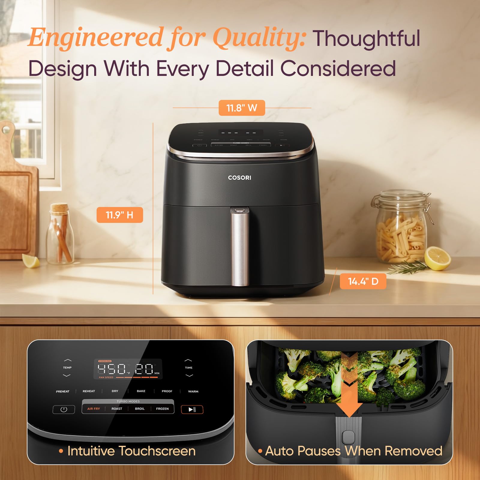 COSORI Friggitrice ad Aria Turbo Blaze 6L (1,36Kg), Air Fryer con DC Motore, 9 Funzioni & 5 Velocità della Ventola Automatica, 110+ Ricette & 96 Tabelle di Cottura degli Ingredienti, 1725W, Argento