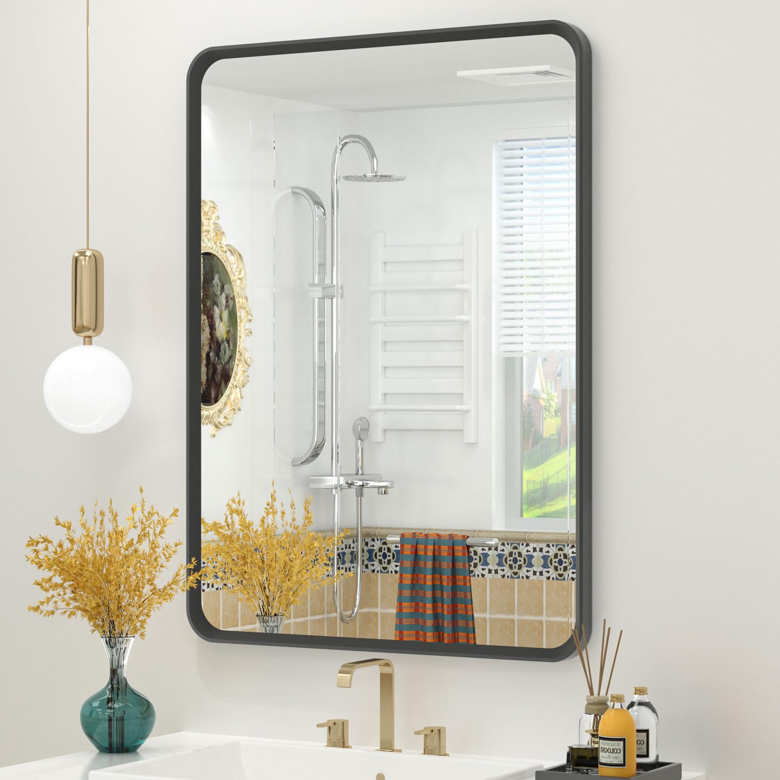 OKPAL 24x28 Black Bathroom Mirror for Wall Black Metal Framed Bathroom Vanity Mirror Modern Rounded Rectangle Mirror Anti-Rust