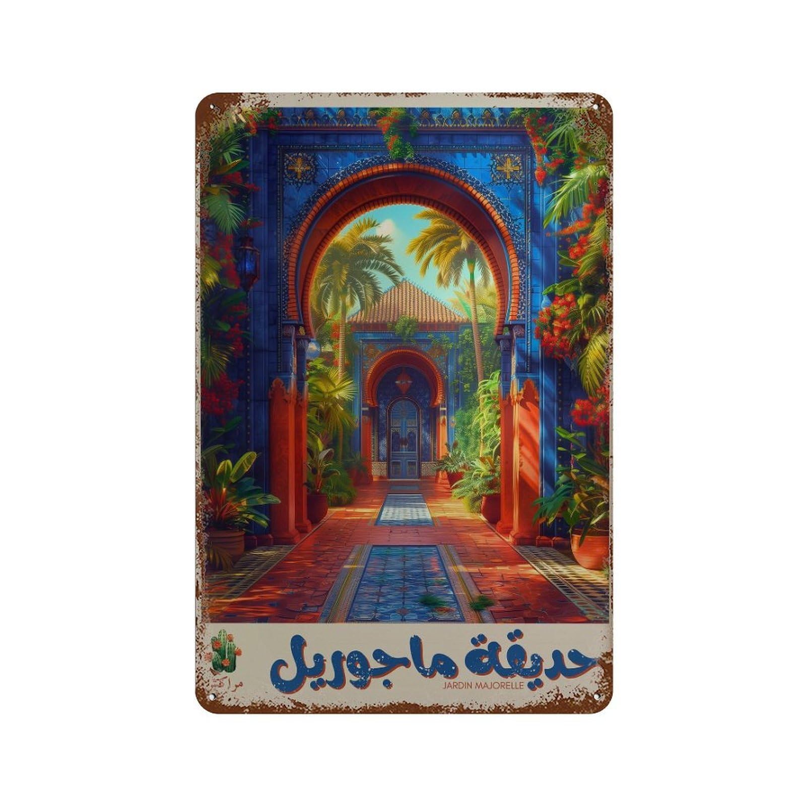 xiaoxiaoshen Jardin Majorelle Morocco Travel Marrakesh in Arabic Wall Decor Art Metal Tin Poster Modern Home Decor Art Home Bar Shop Decorations Vintage Sign 30x20cm