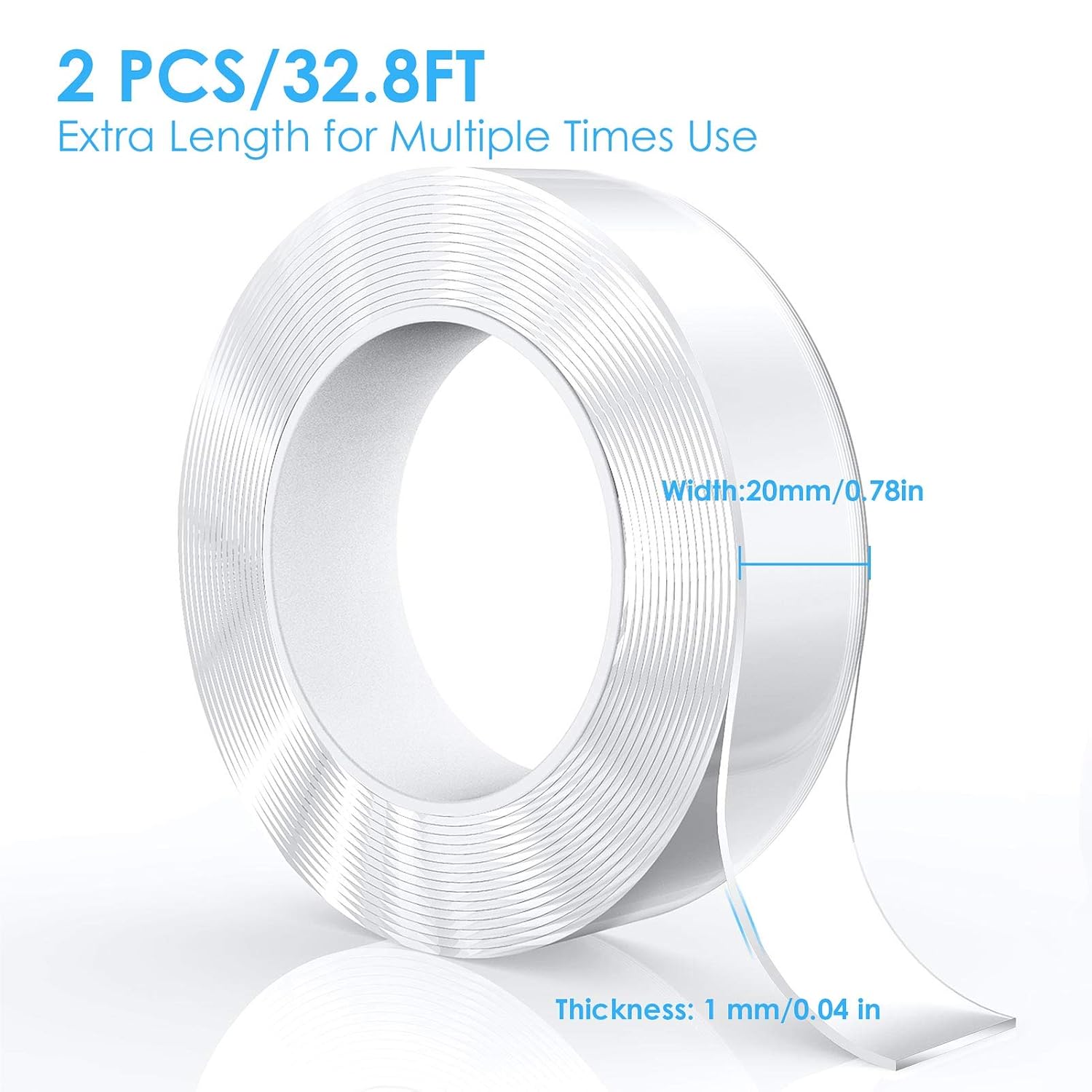 2 Rolls 32.8FT Nano Double Sided Tape, Removable Trackless Gel Grip Tape, Transparent Mounting Adhesive Tape, for Home Office Car Outdoor Decor