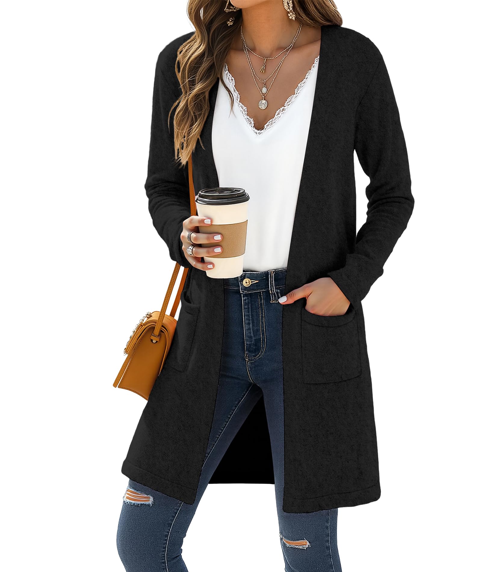 LILBETTER Womens Casual Open Front Cardigan Long Knitted Sweaters with Pockets