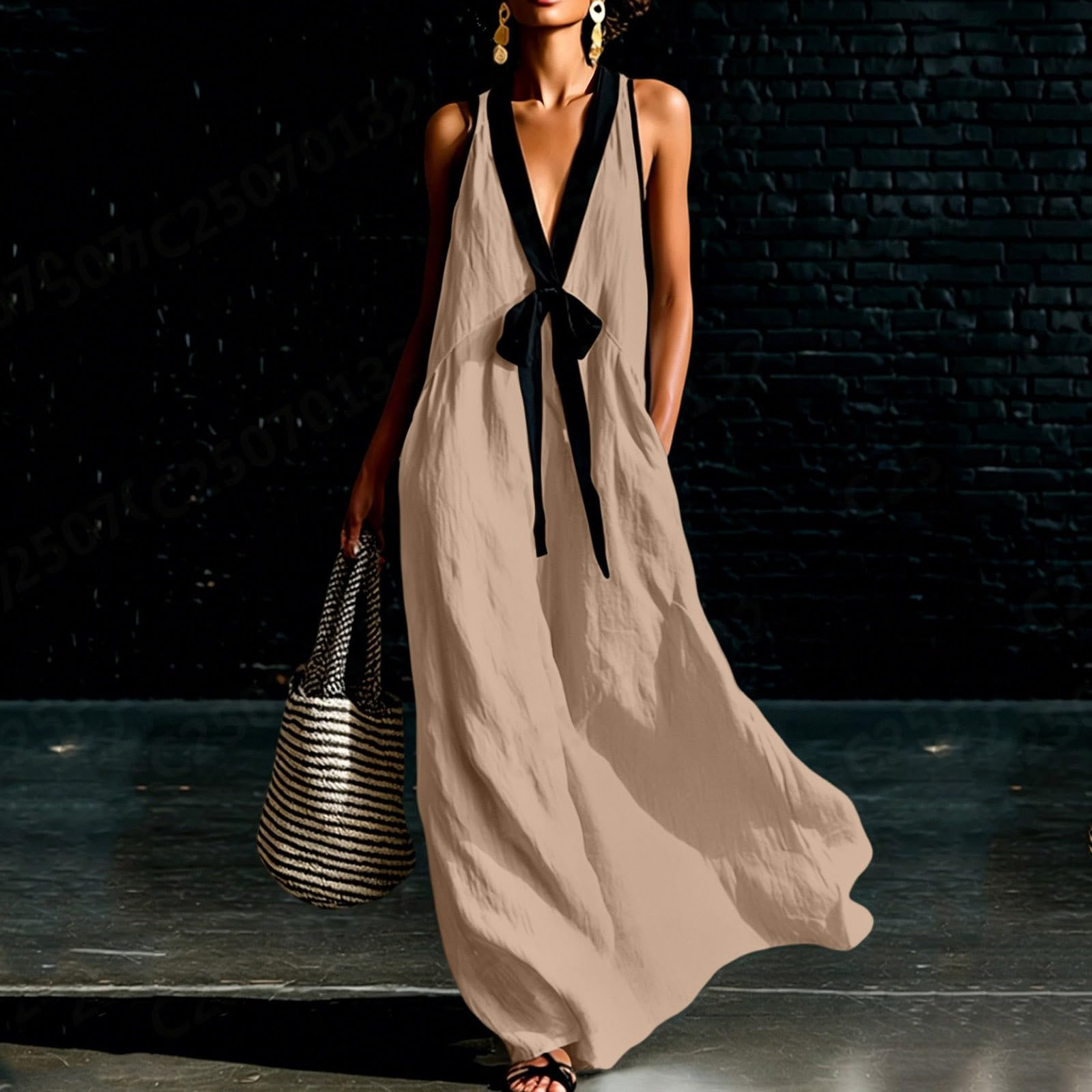 Robe d'été légère pour femme - Robe longue en mousseline - Dos nu - Robe tunique avec nœud - Élégante - Couleur unie - Épaules dénudées - Avec poches - Col en V - Robe de vacances et plage