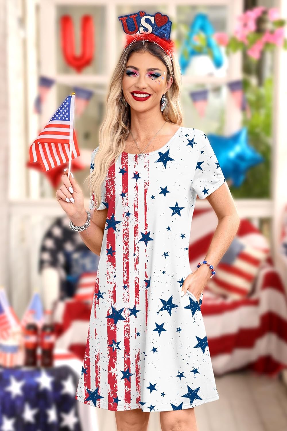 For G and PL Women's July 4th Patriotic Amercian Flag Mini Dress with Pocket - Image 3
