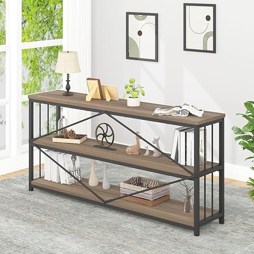 Miniatura 8 de IBF Estantería industrial de 3 niveles, estantería rústica de madera baja y metal, estantería horizontal abierta larga de ancho, moderno y grande