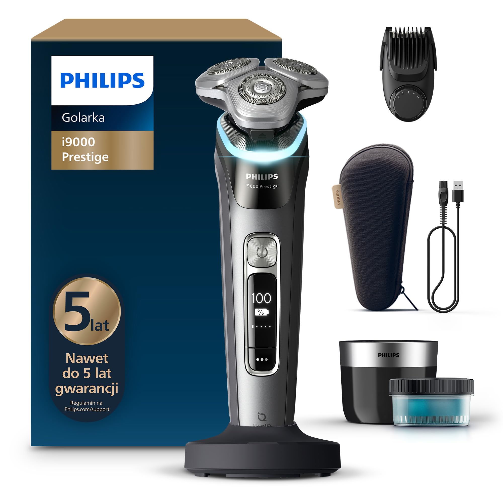 Philips Shaver i9000 Prestige, golarka elektryczna do golenia na sucho i mokro z technologią Skin IQ, System Triple Lift & Cut, podwójne ostrza SteelPrecision 360º, stylizator brody, Model XP9202/33
