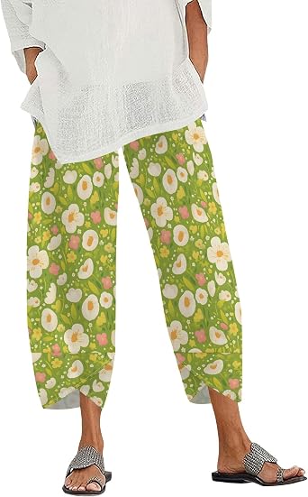 Zaswen Wide Leg Capri Pants for Women Casual Loose Boho Floral Print Pant Elastic High Waist Plus Size Summer Beach Trousers