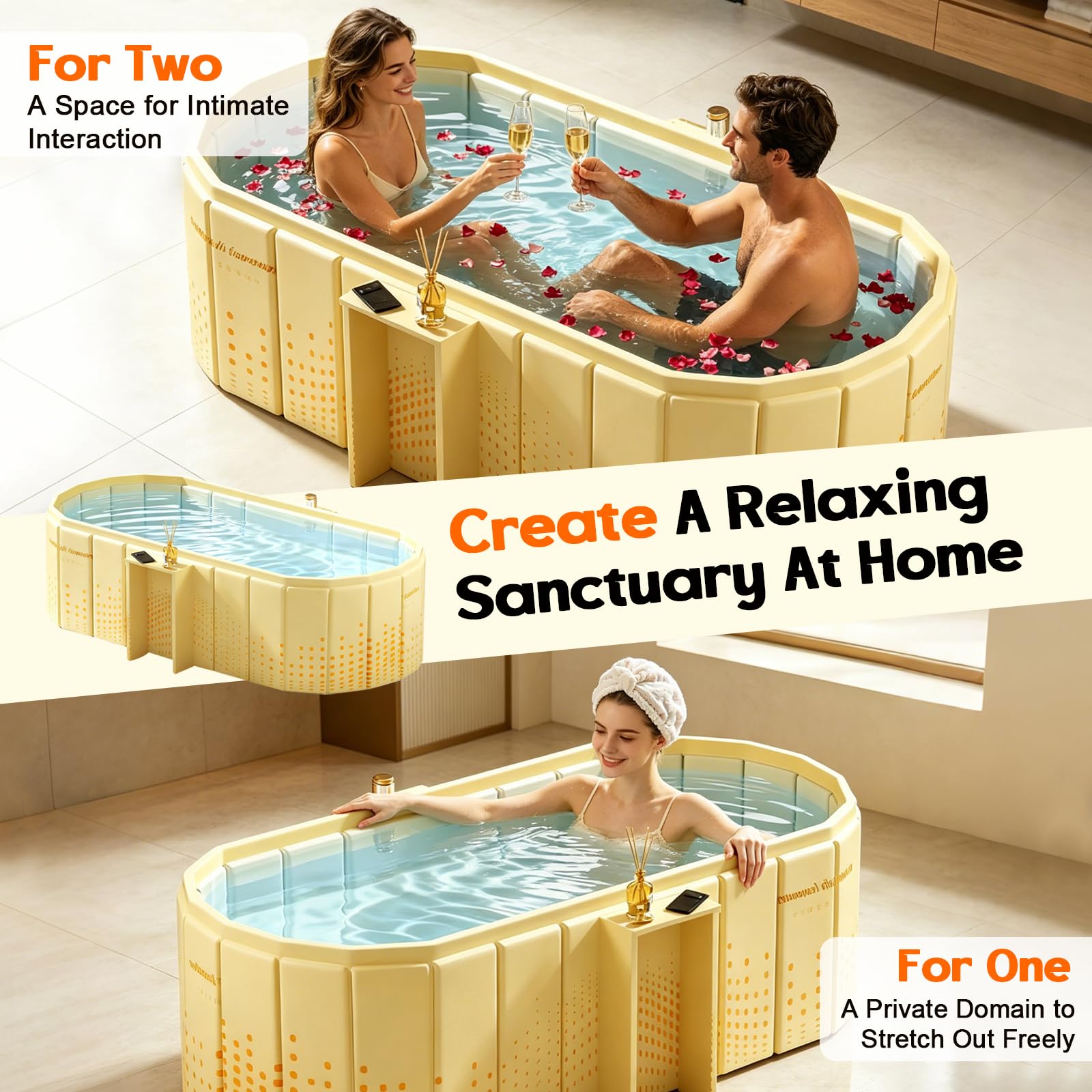 Faltbare Badewanne Erwachsene, Tragbare Faltbare Badewanne mit Ablage 150 cm, Für 2 Personen, 5-Schicht-Isolierung, 2-in-1 Eisbad & Heiß-SPA, Für Dusche, Garten, Camping & Wohnmobil