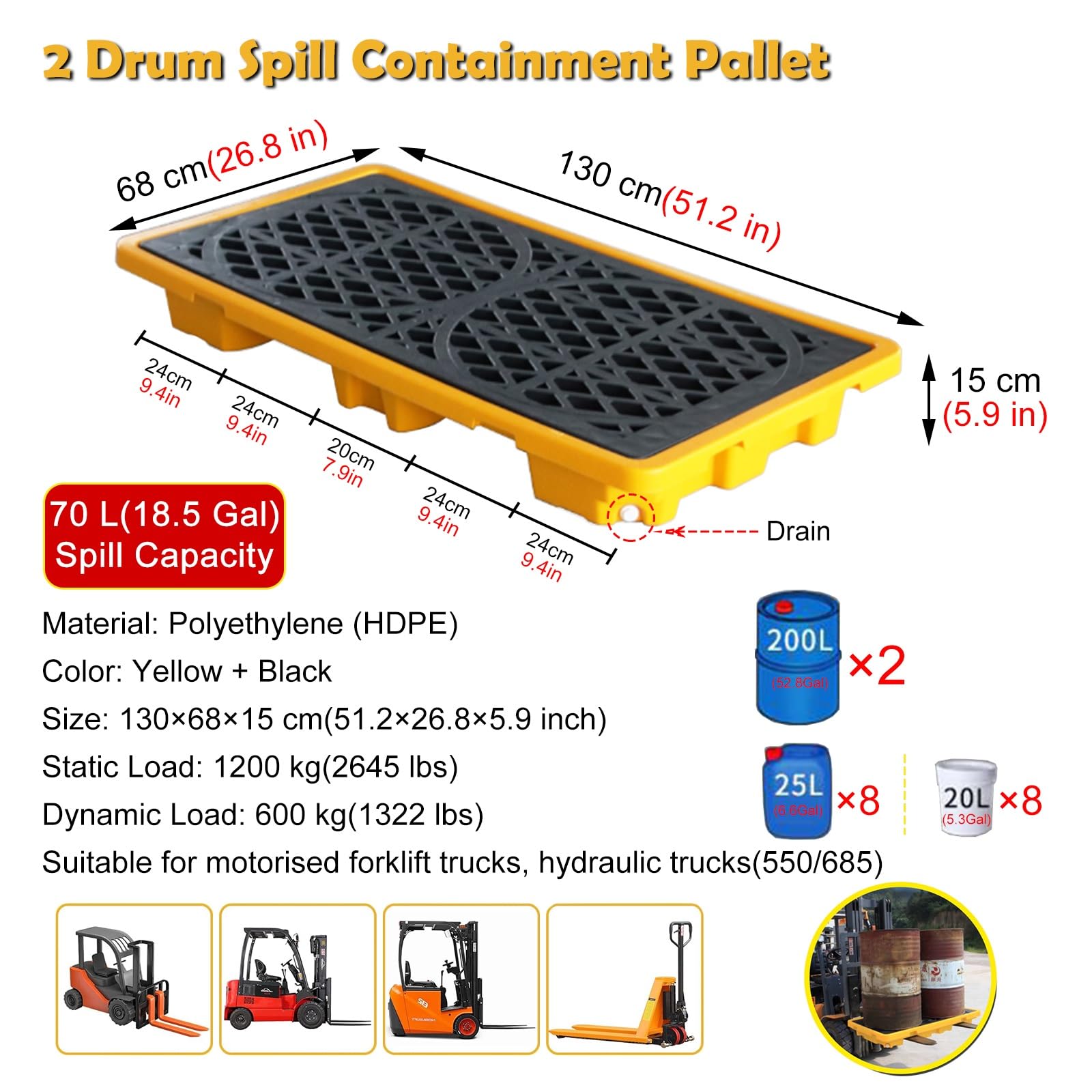 RENLXFI 18.5 Gallon Drum Spill Platform, Detachable Modular Containment Tray for Industrial Garage Maintenance Workshop, Stackable Polyethylene Diesel Tank Pallet with Drain(B)