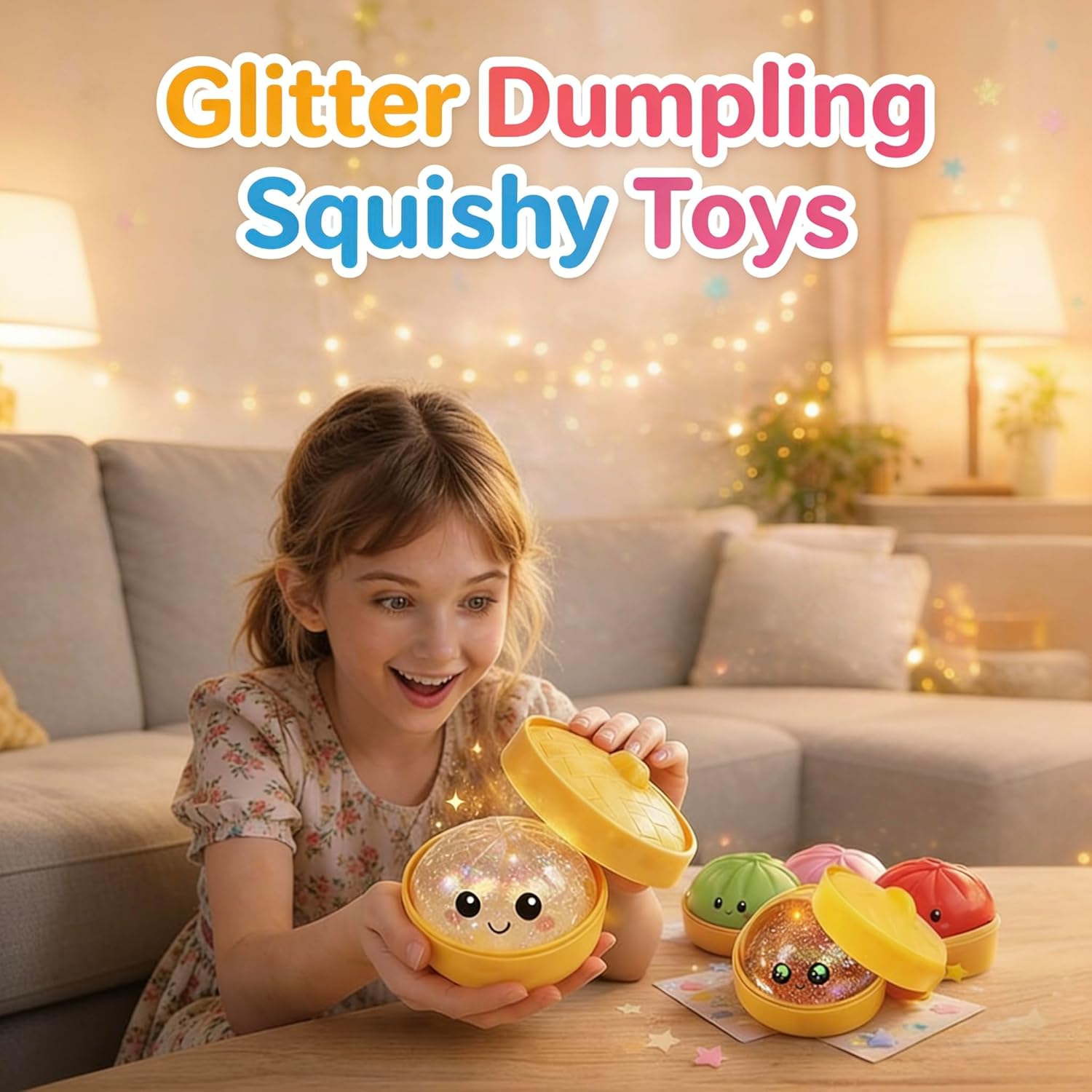 Glitter Dumpling Squishy Box, Stress Relief Squeeze for Adults, Anxiety Relief Fidget Toy for Office Desk, Relaxing Sensory Toy for Focus and Calm (Blue)