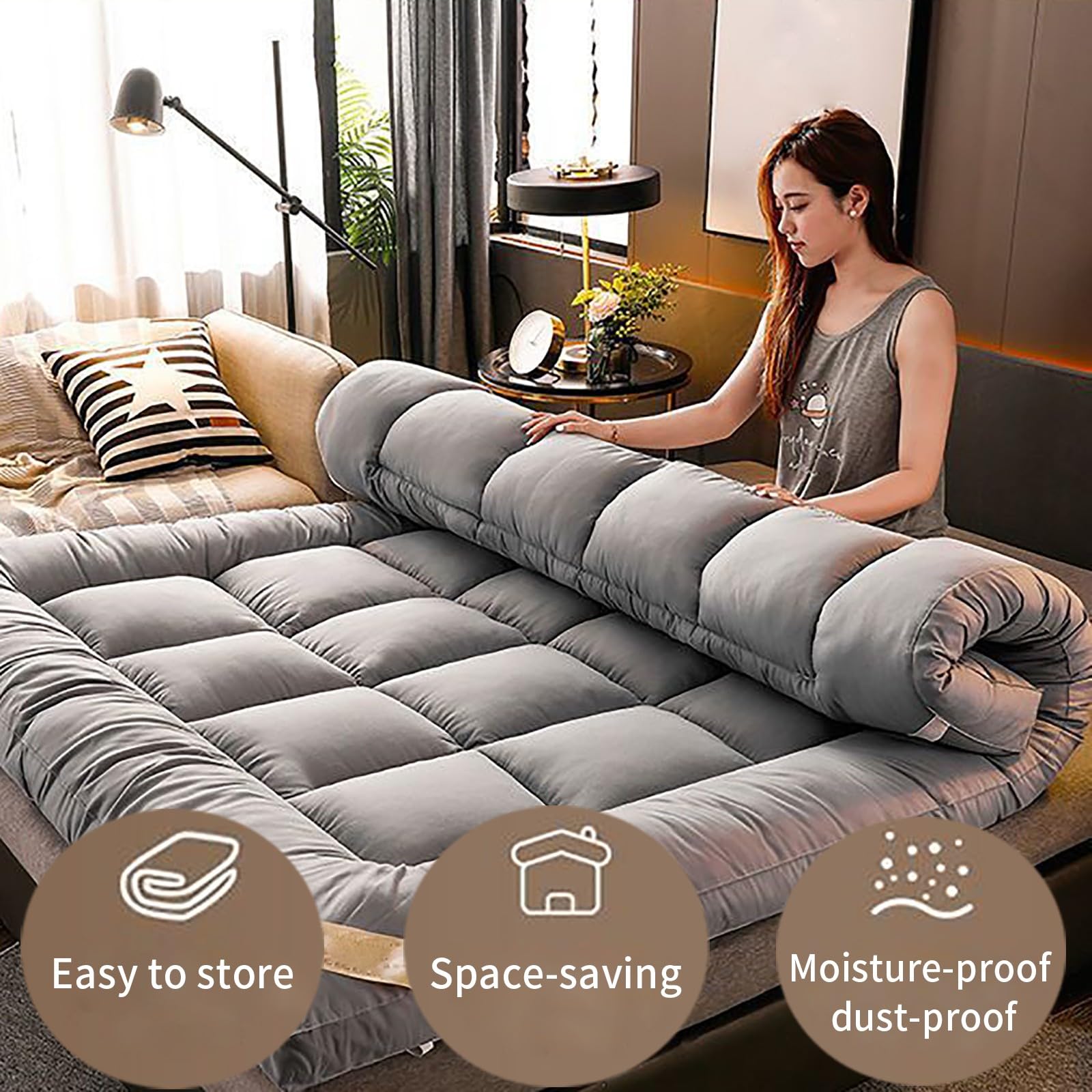 Klappmatratze Futon Matratze Bodenmatratze Gepolsterte Japanische Tatami Gesteppte Bett Dicke Faltmatratze Schlafmatte Rollmatratze Bodenliege Gästematratze Gästebett Klappbar 120x200cm Grau