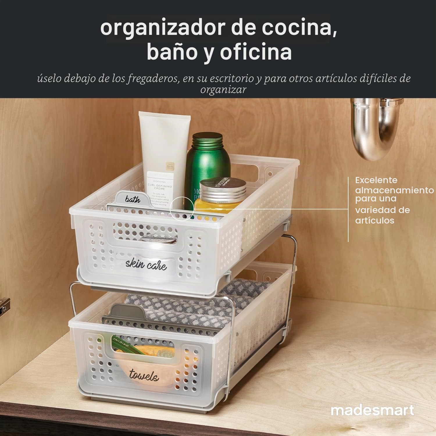 madesmart Organizador de 2 Niveles de colección de baño con Asas, Ahorro de Espacio, Almacenamiento Multiusos y Libre de BPA, Grande, Escarcha con divisores