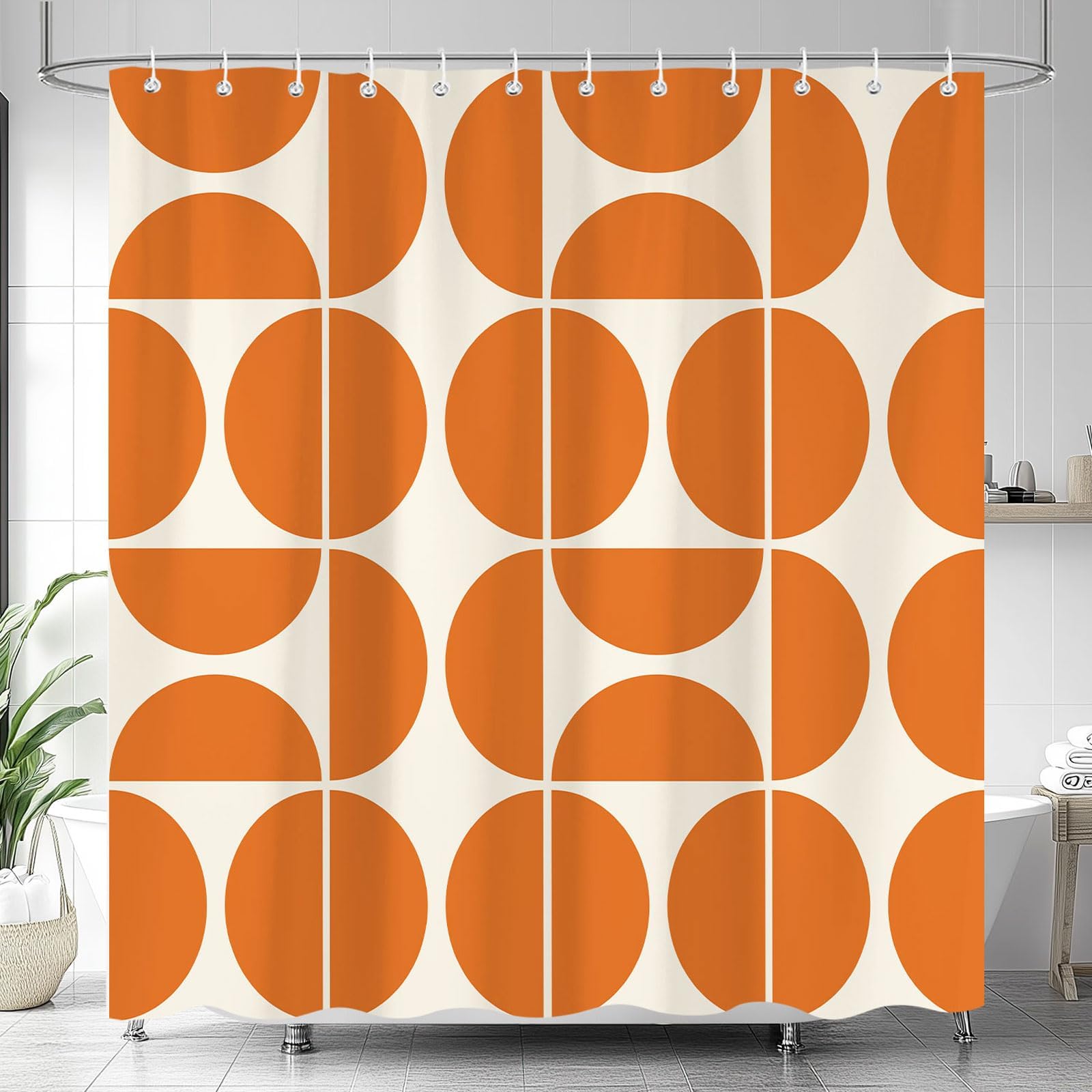 Orange Mid Century Modern Shower Curtain, Boho Abstract Geometric Retro Art Bath Curtains For Bathroom, Colorful Unique Pattern Waterproof Polyester