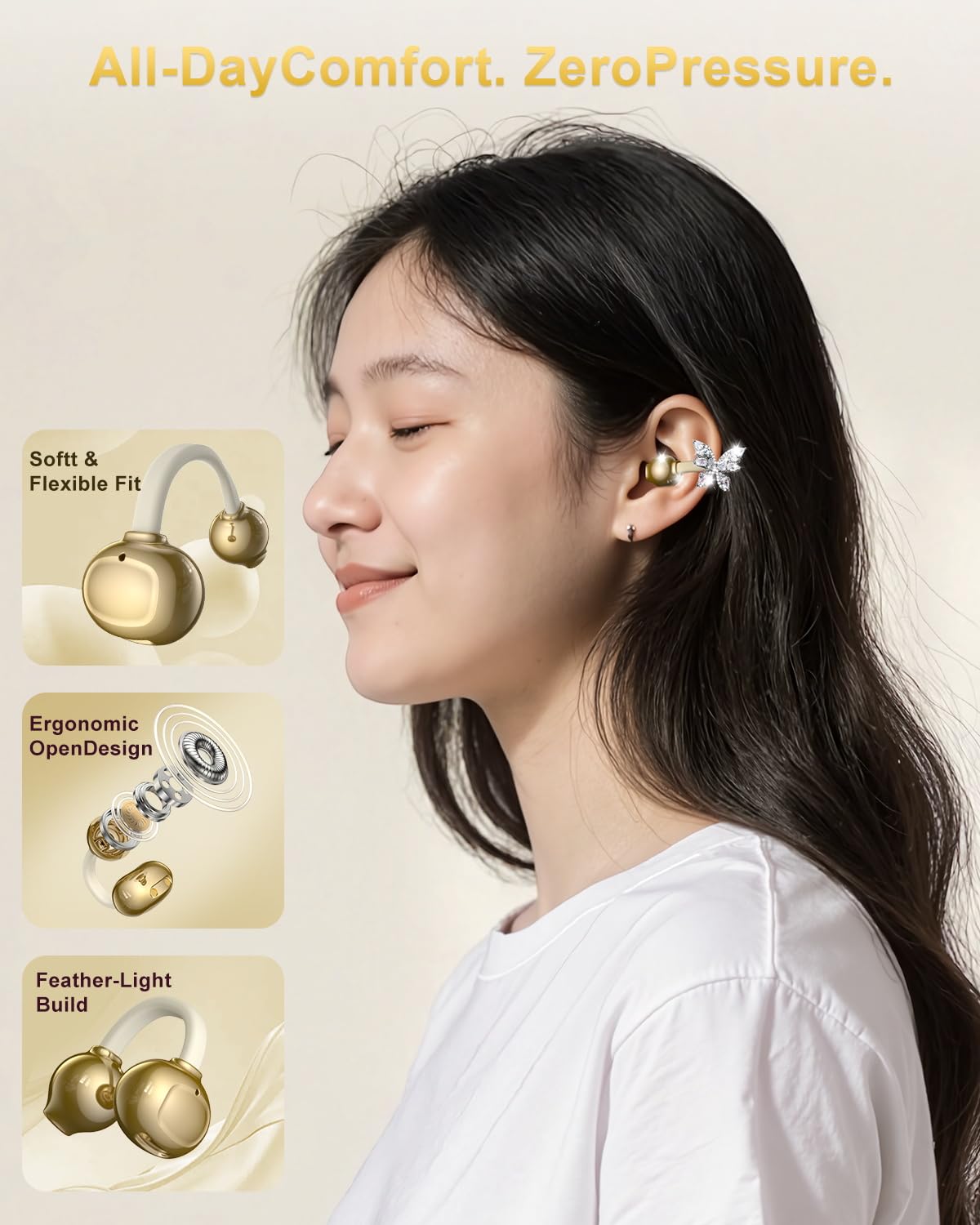 Alfu Auricolari Bluetooth senza fili aperti: orecchini a clip con farfalla – Bluetooth 6.0 IPX5 impermeabili auricolari con design alla moda regalo per donne ragazze sport e allenamenti
