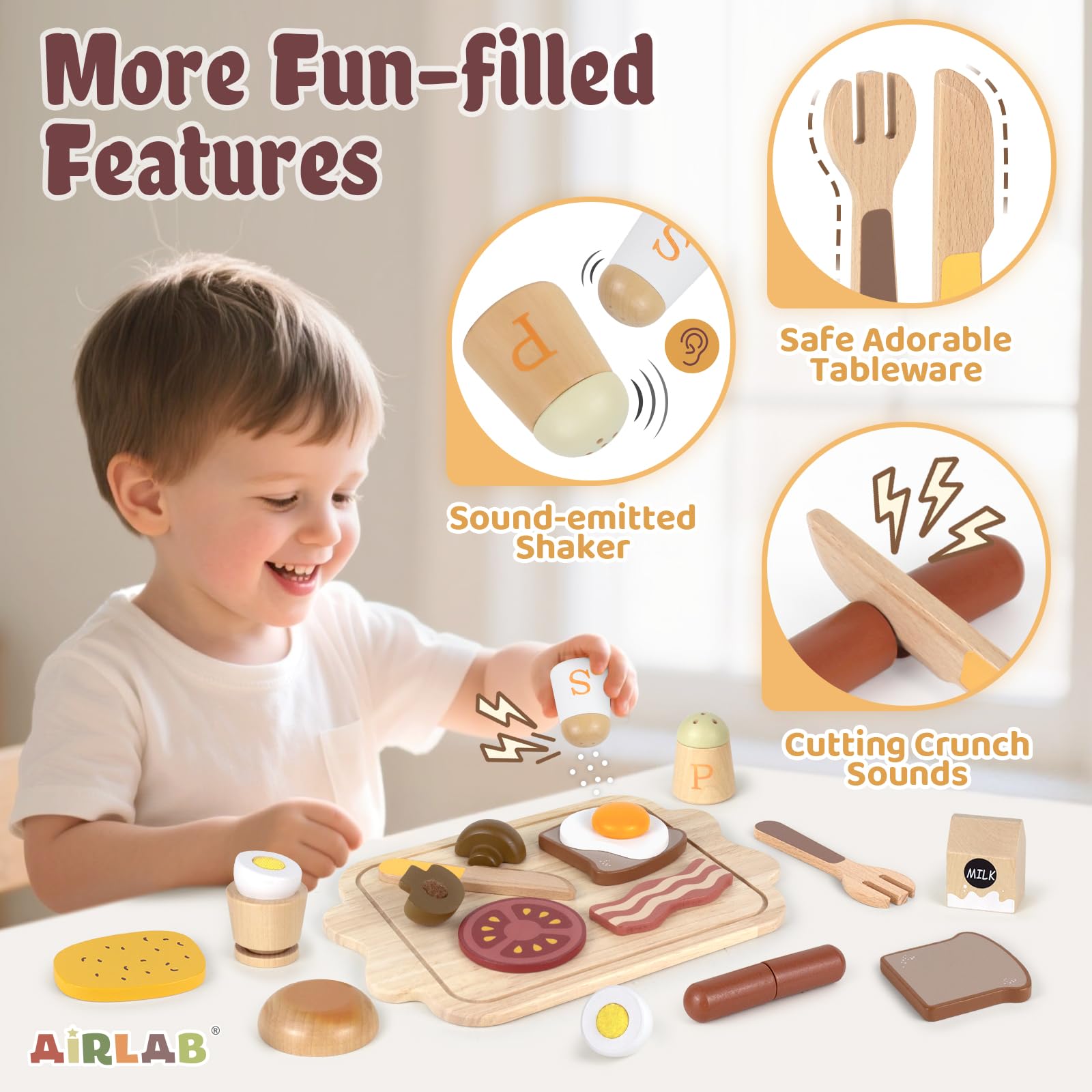 Airlab Jouet en Bois Petit-déjeuner pour Dinette Enfant, Jeux Ustensile Accessoire Cuisine Bois Enfant avec Couteau Aliment Nourriture, Kit Cadeau Anniversaire Pâques Halloween Noël Garçon Fille Bébé