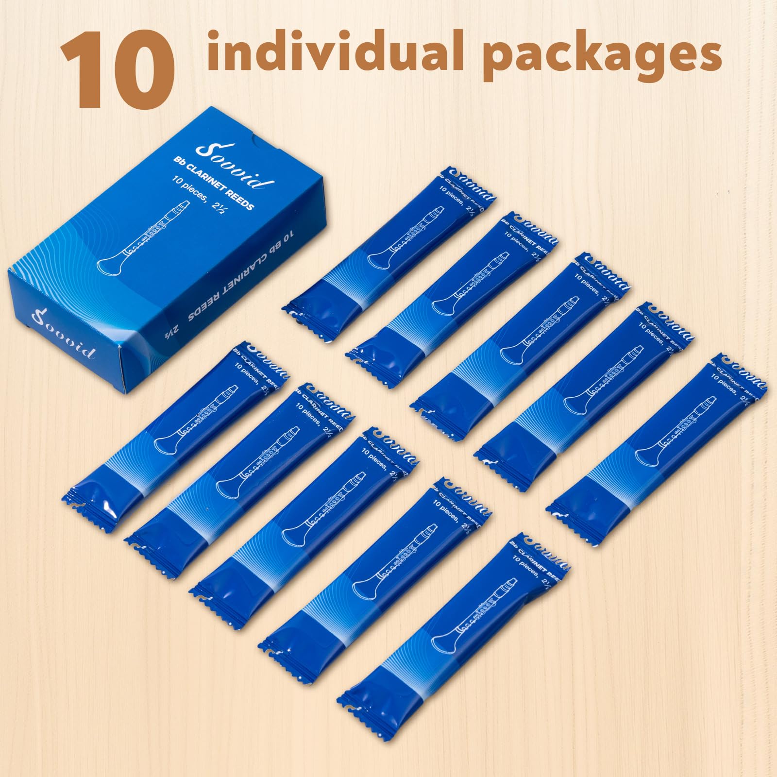 Lot de 10 anches de clarinette en si bémol Force 2,5 avec étui portable, emballées individuellement pour clarinette débutants et joueurs, pointe de anche plus fine et coupe non limée pour un