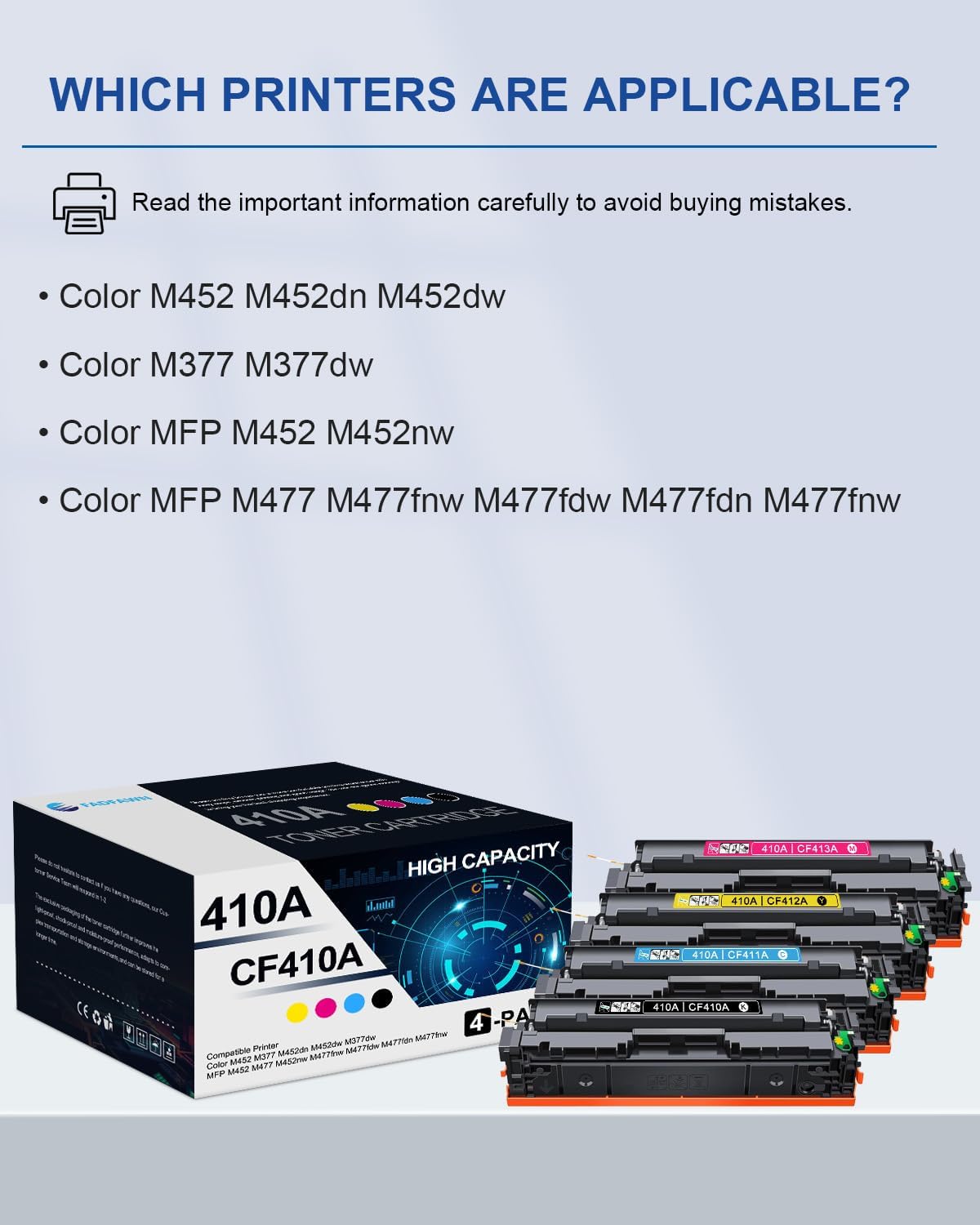 410A Toner Cartridge 4 Pack(BK/C/M/Y): Compatible CF410A CF411A CF412A CF413A Toner Cartridges Replacement for HP 410A M452dn M452dw M452 M377dw Pro MFP M452nw M477fnw M477fdw M477fdn M477fnw Printers