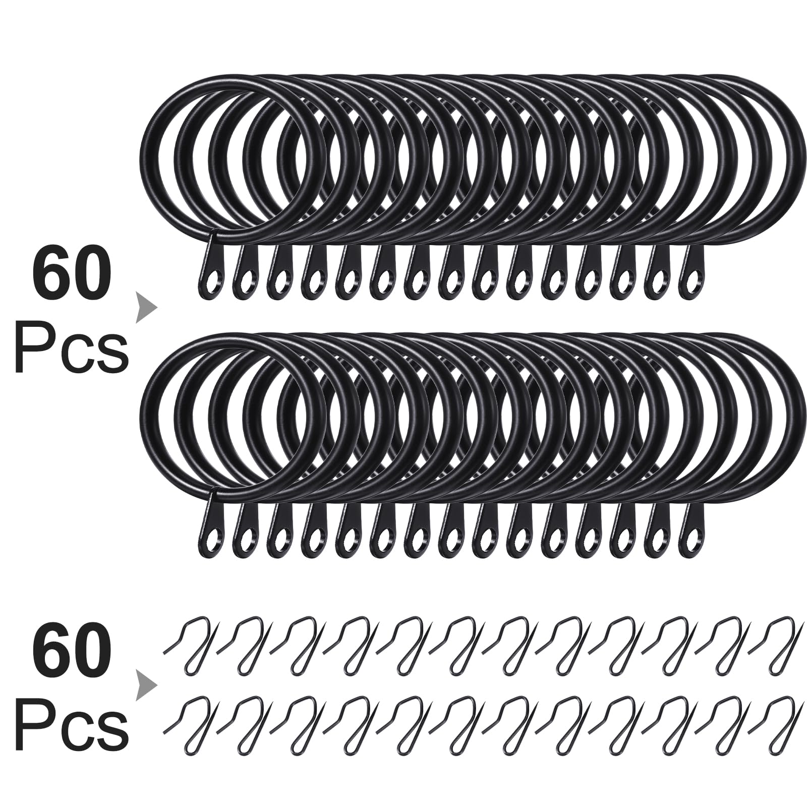 Hotop Lot de 60 anneaux de rideau en métal et 60 crochets en métal pour fenêtre, porte de douche, rideau de douche (noir, 4,1 cm)