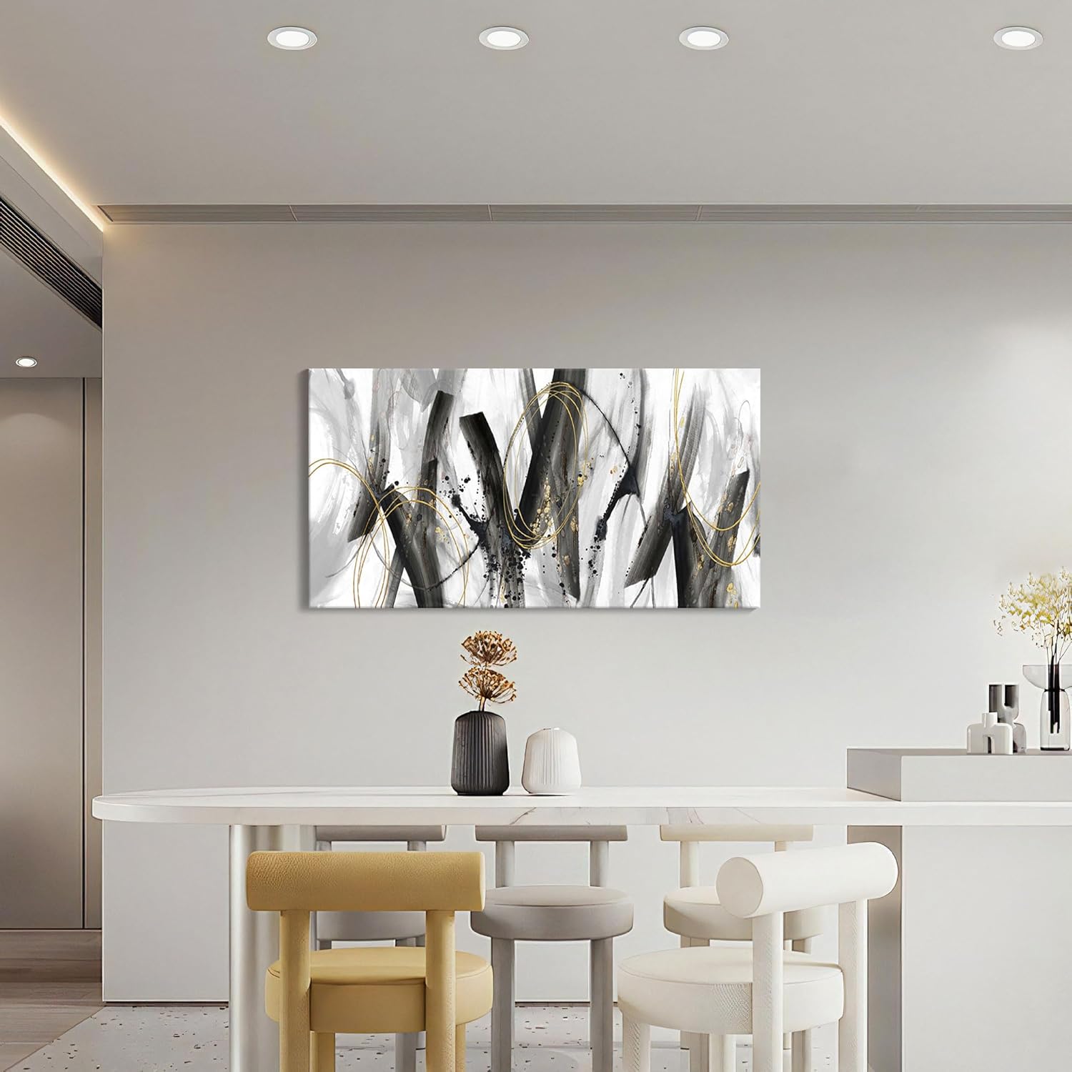 AJAZIKO Black and Gold Modern Wall Art - Large Abstract Wall Art Decor for Living Room, Bedroom, Office - Elegant Black and White Painting for Stylish Home Decor 40"L x 20"W Black