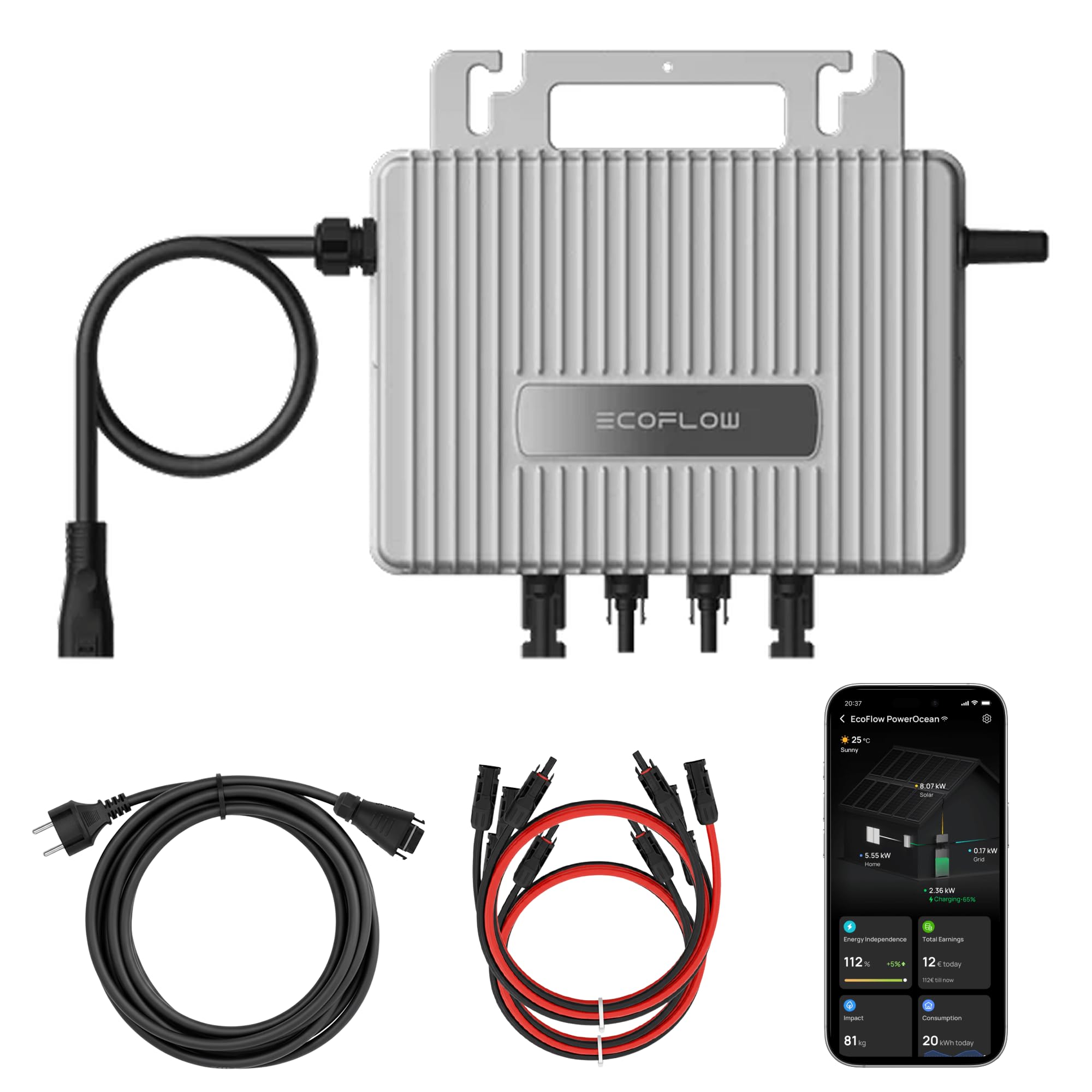 EcoFlow Mikro-Wechselrichter 800 W EFStreamMI800W für Balkonkraftwerk, IP67 wetterfest, Plug&Play Installation, 2 MPPT, Bluetooth & WIFI, inkl. 5m Anschlusskabel & 4x 1m Solar-Verlängerungen, Inverter