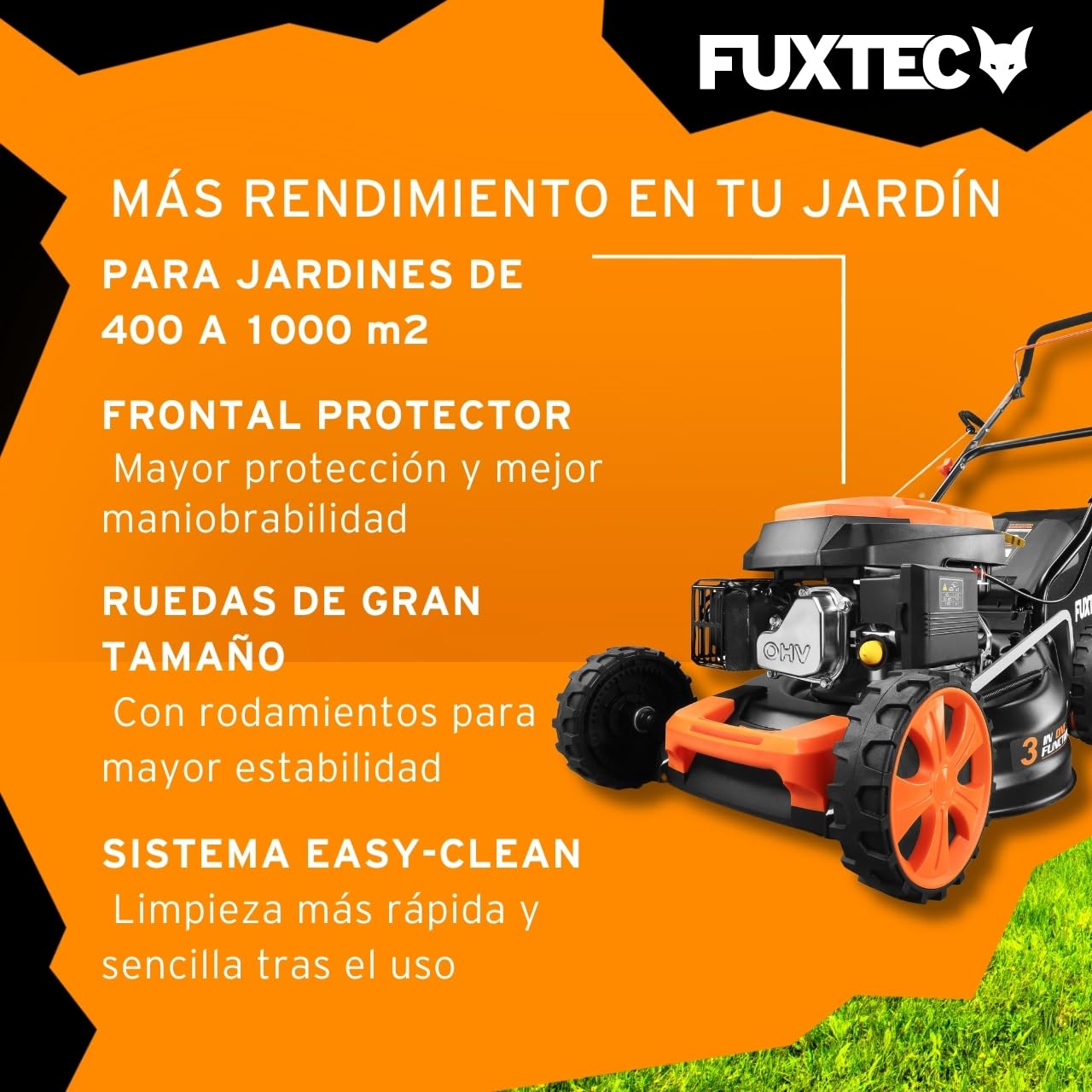 Cortacésped de Gasolina FUXTEC FX-RM4646ECO 46cm de Anchura de Corte - Potente Motor de Gasolina de 146cc Easy Clean 3en1 2,6KW Mulching recogedor de Hierba 50L