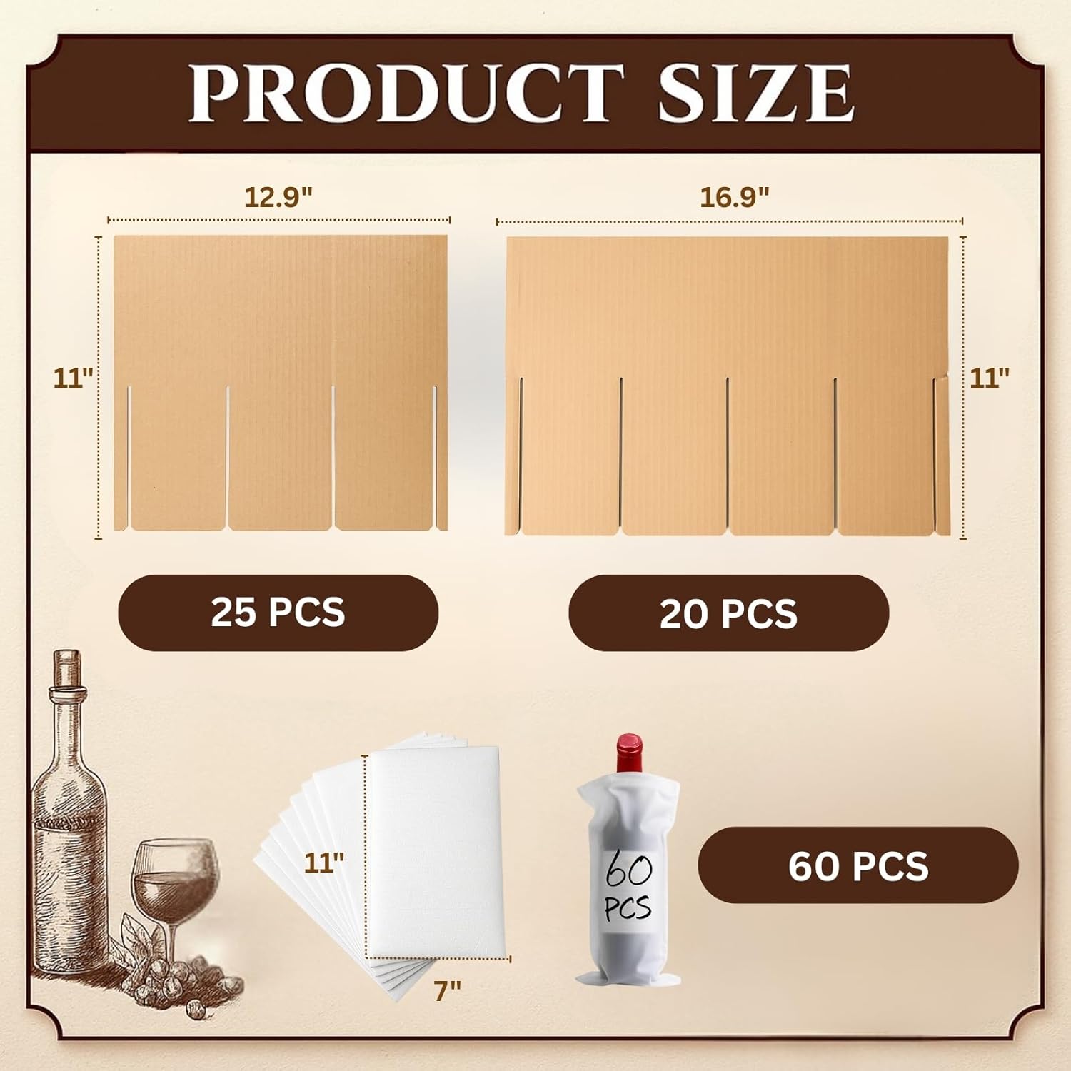 5 Set Cardboard Dividers - Glass Packing Kit Wine Glass Moving Box - Corrugate for Glassware Dish Packing Boxes with 60 Pcs Foam Pouches - Fits 18x14x12 Inch Box (Boxes Not Included)