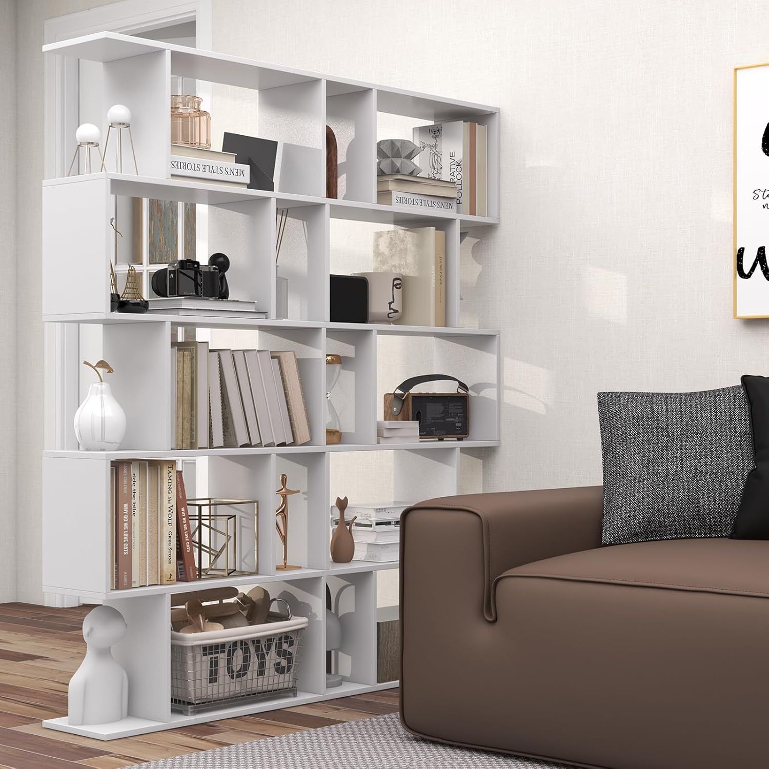 5 Tier Geometric Bookcase, S Shaped Bookshelf, Modern Decorative Storage Shelving, Wooden Room Divider Bookcase, 62.5" Tall Staggered Display Book Shelf for Living Room (2, White)