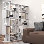 5 Tier Geometric Bookcase, S Shaped Bookshelf, Modern Decorative Storage Shelving, Wooden Room Divider Bookcase, 62.5" Tall Staggered Display Book Shelf for Home Office (2, White)