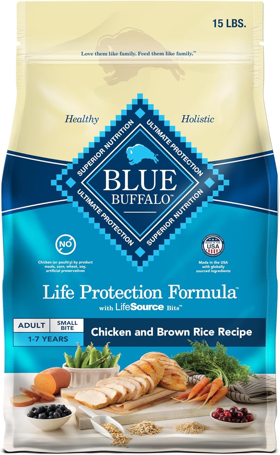 (bb 2026 jul 16) Blue Buffalo Life Protection Formula Adult Small Bite Dry Dog Food, Helps Build and Maintain Strong Muscles, Made with Natural Ingredients, Chicken & Brown Rice Recipe, 15-lb. Bag